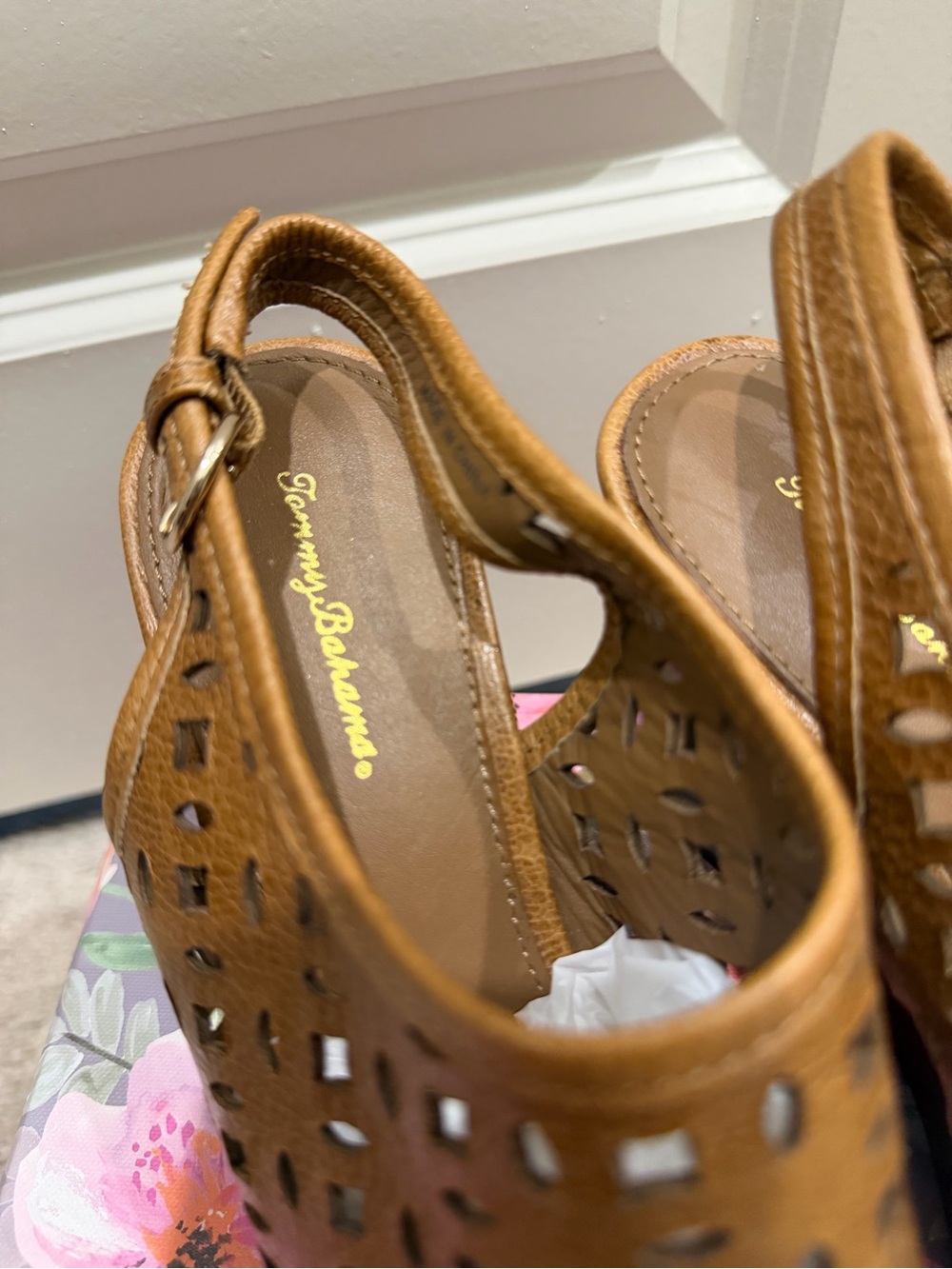 Tommy Bahama Brown Laser-Cut Peep-Toe Slingback Heels - Picture 3 of 5